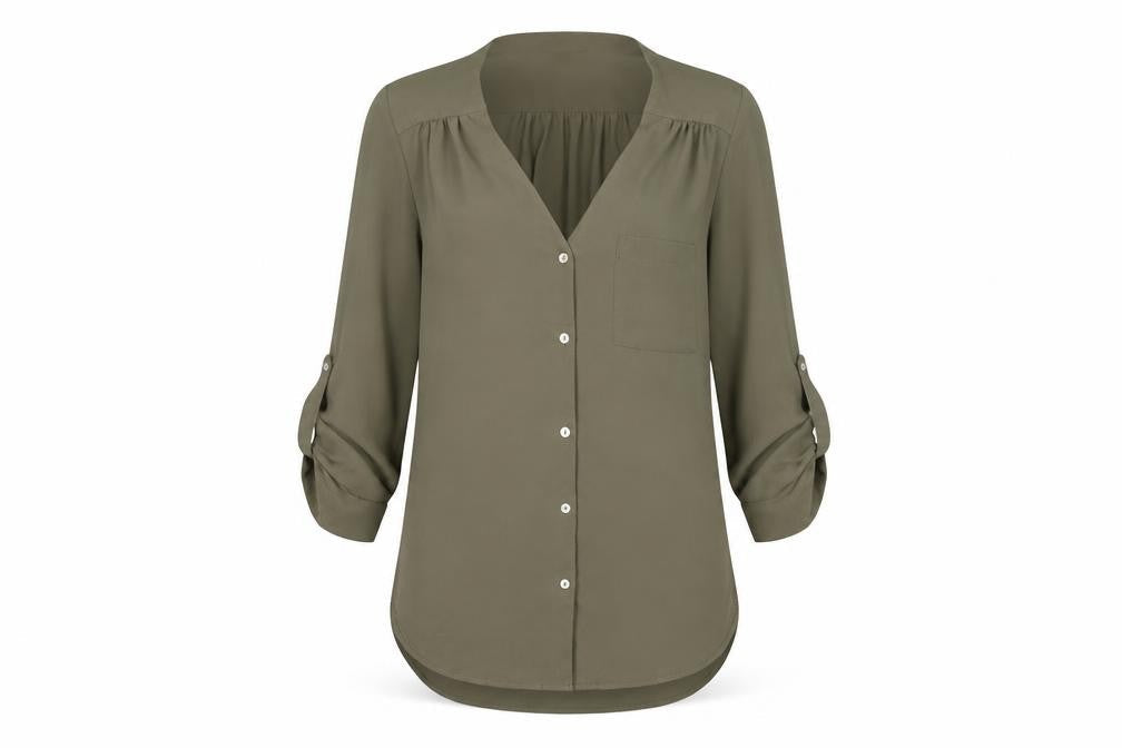 New Look Women's Green Button-Up V-Neck Long Sleeve Blouse Size 8