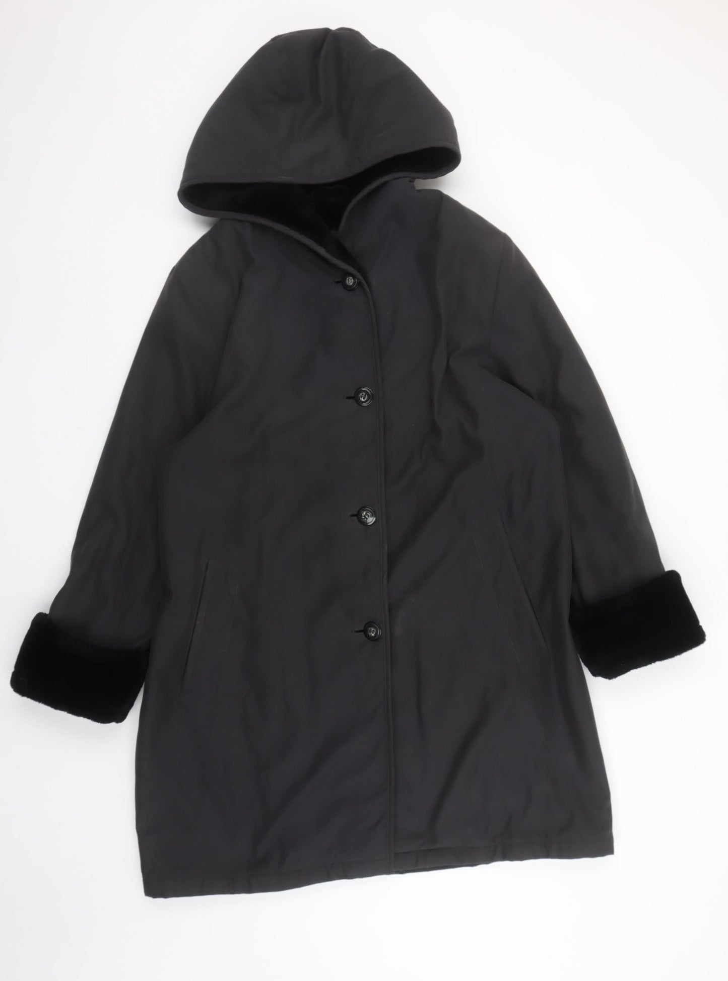 BHS Womens Black Faux Fur Trim Hooded Mid-Length Coat Size 12