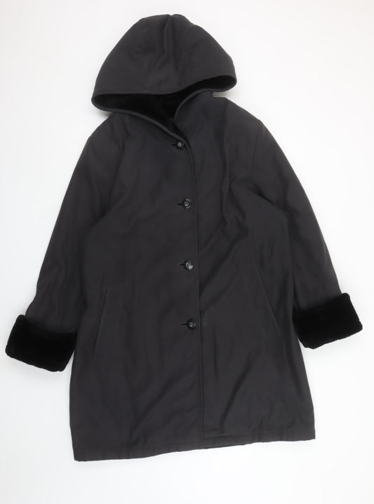 BHS Womens Black Faux Fur Trim Hooded Mid-Length Coat Size 12