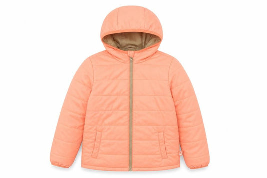 Front view of United Colors of Benetton girls’ orange hooded puffer jacket 9-10 years