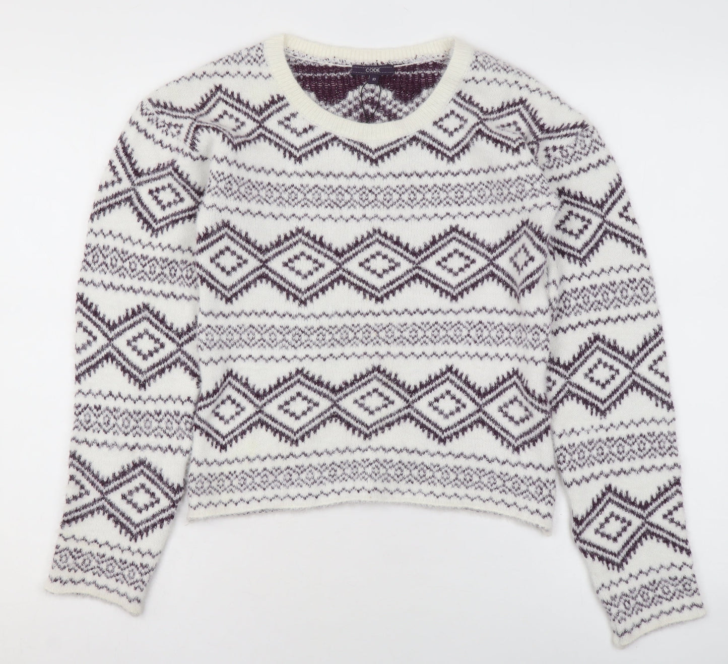 CODE Women White Geometric Knit Jumper Size 10 Winter Pullover
