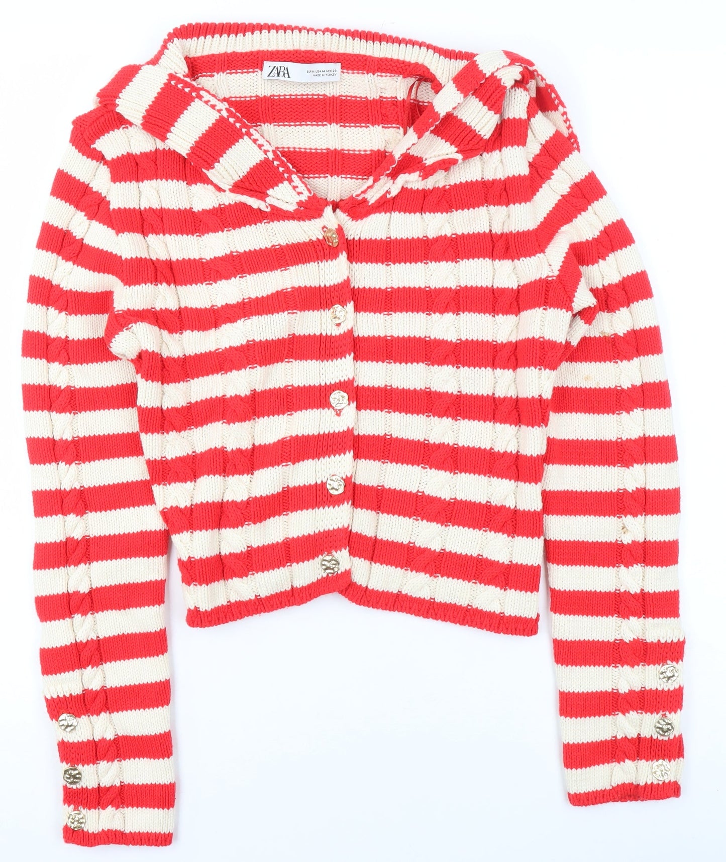 ZARA Womens Red Striped Collared Knit Button Cardigan Size 12