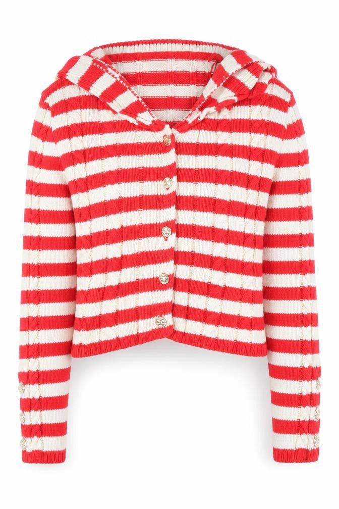ZARA Womens Red Striped Collared Knit Button Cardigan Size 12