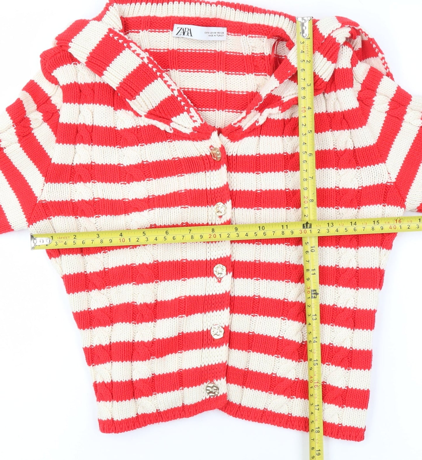 ZARA Womens Red Striped Collared Knit Button Cardigan Size 12