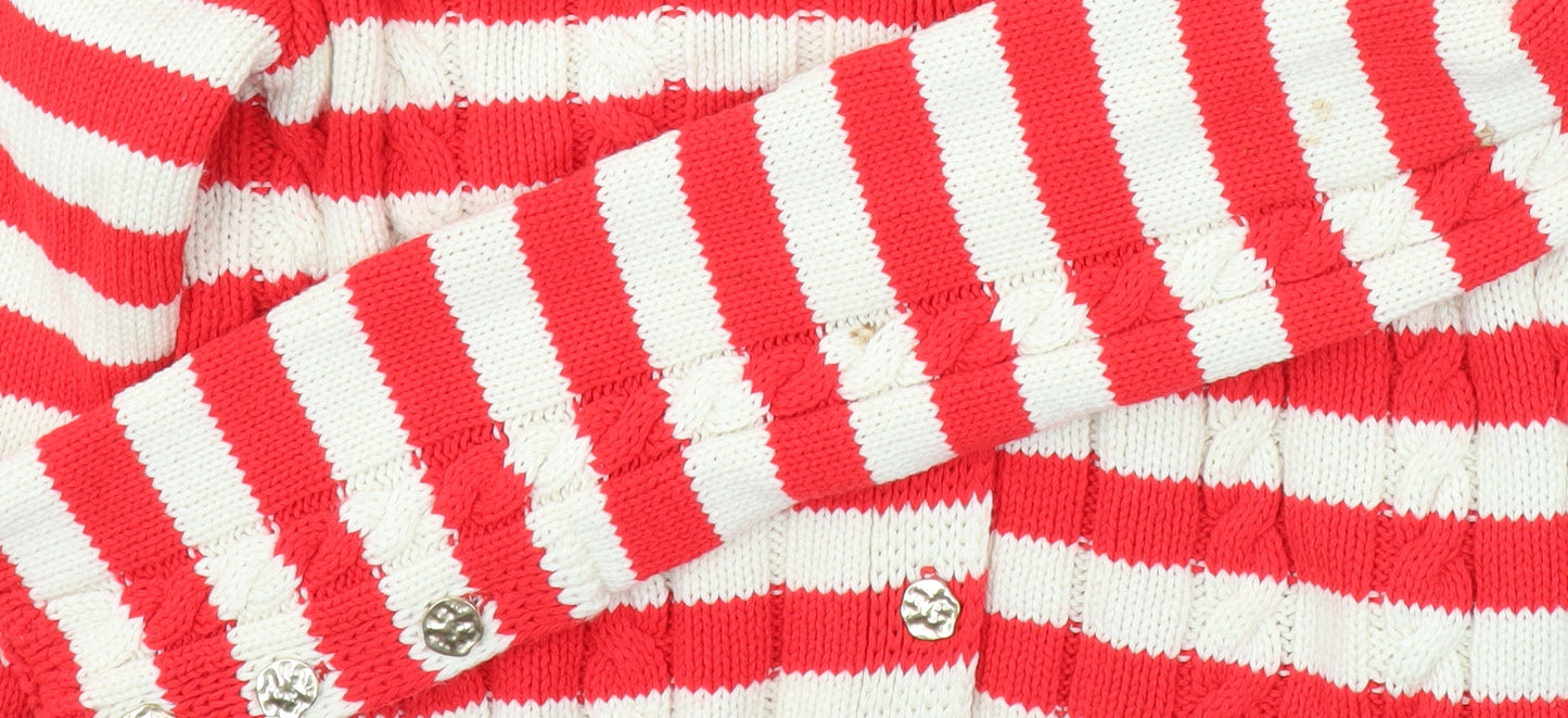 ZARA Womens Red Striped Collared Knit Button Cardigan Size 12
