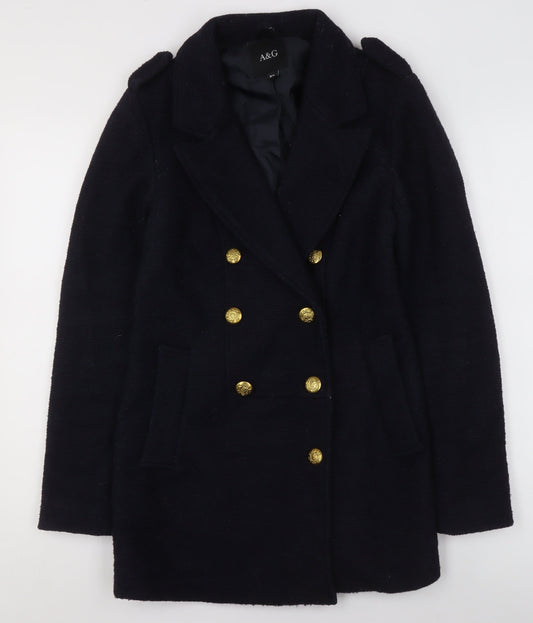 A&G Womens Black Wool Blend Double-Breasted Pea Coat XS