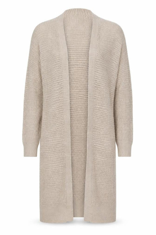 Front view of Missguided Women’s Beige Long Knit Open Coatigan, size UK 6