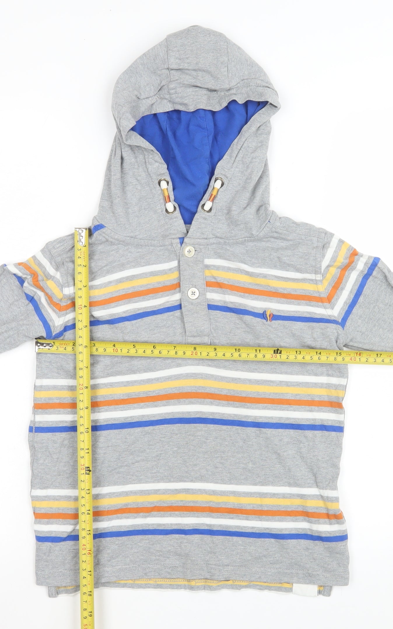 FatFace Boys Grey Striped Henley Hoodie 8-9 Years Cotton Long Sleeve