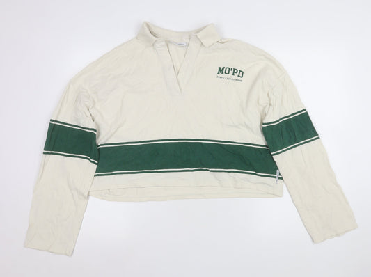 Marc O'Polo Women's Ivory Green Striped Cropped Rugby Shirt M