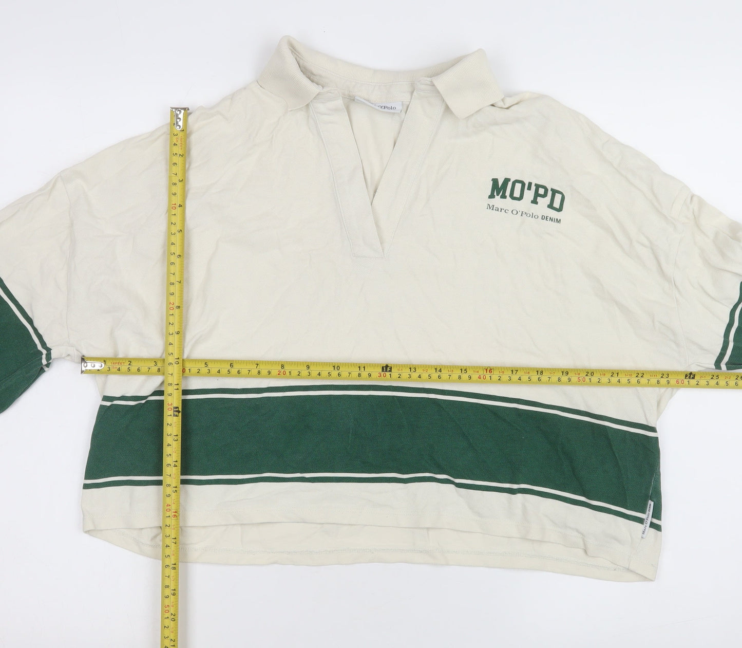 Marc O'Polo Women's Ivory Green Striped Cropped Rugby Shirt M