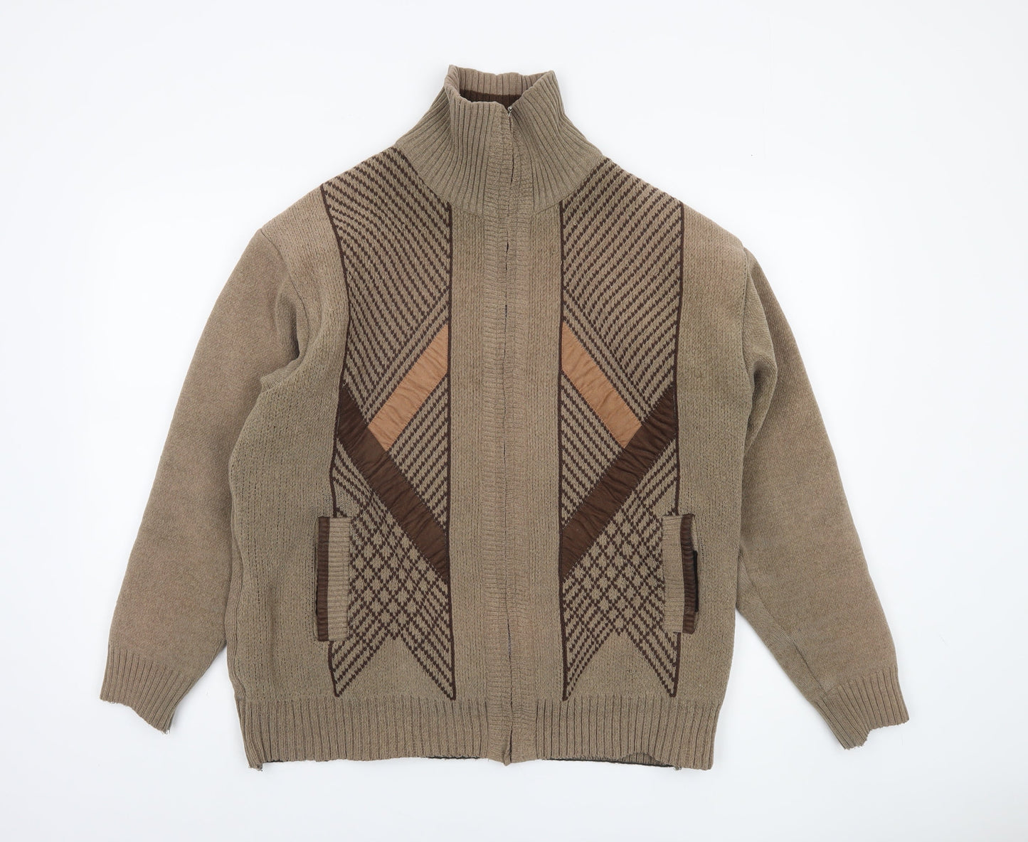 ZSZ Menswear Men’s Beige Wool Blend Full Zip Jumper L High Neck Geometric Knit