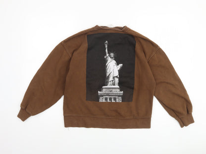 Close-up detail of Zara boys’ brown 13-14 years pullover fleece sweatshirt nyc graphic