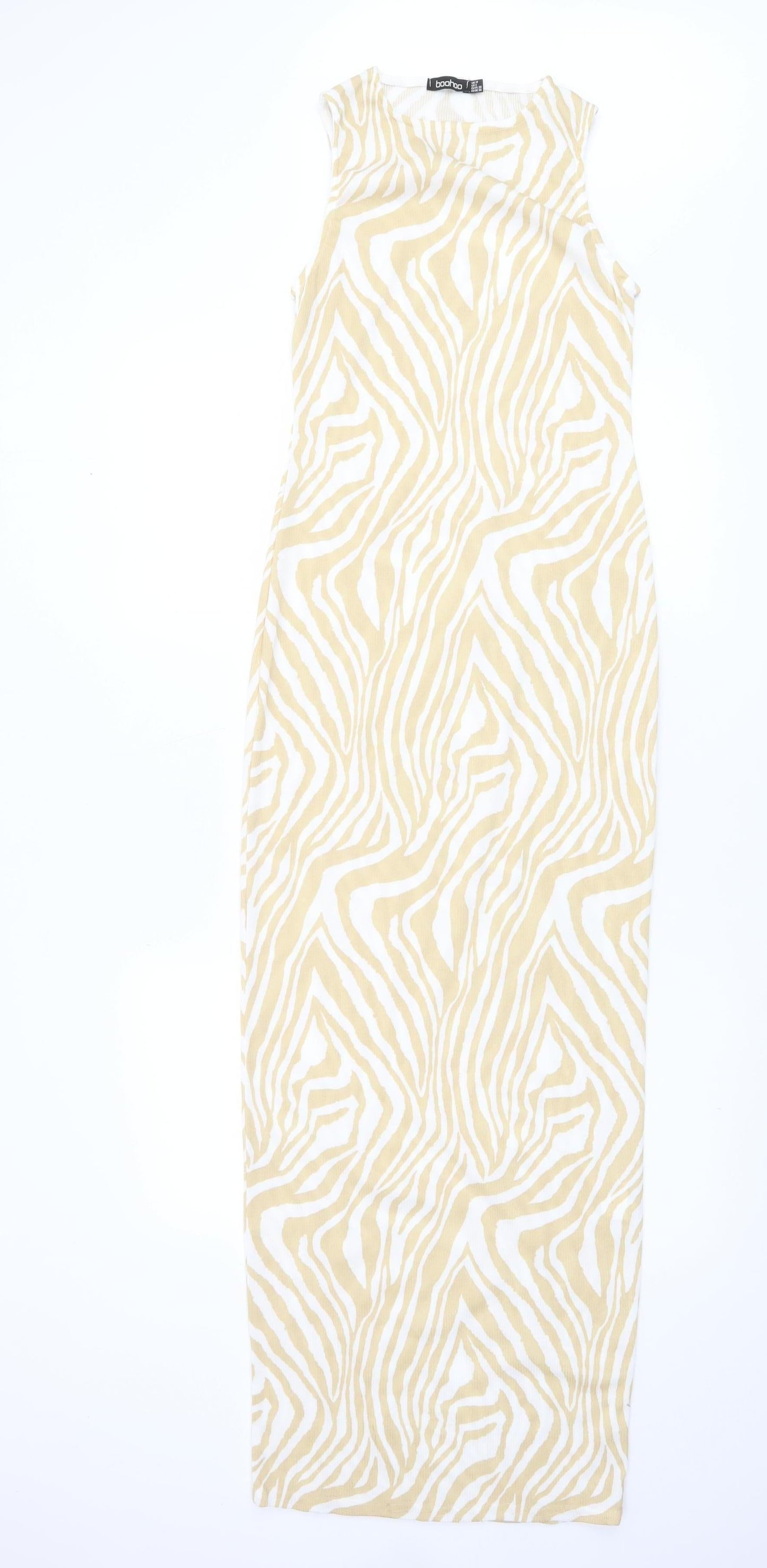 Boohoo Women Beige Zebra Print Sleeveless Bodycon Midi Dress Size 10