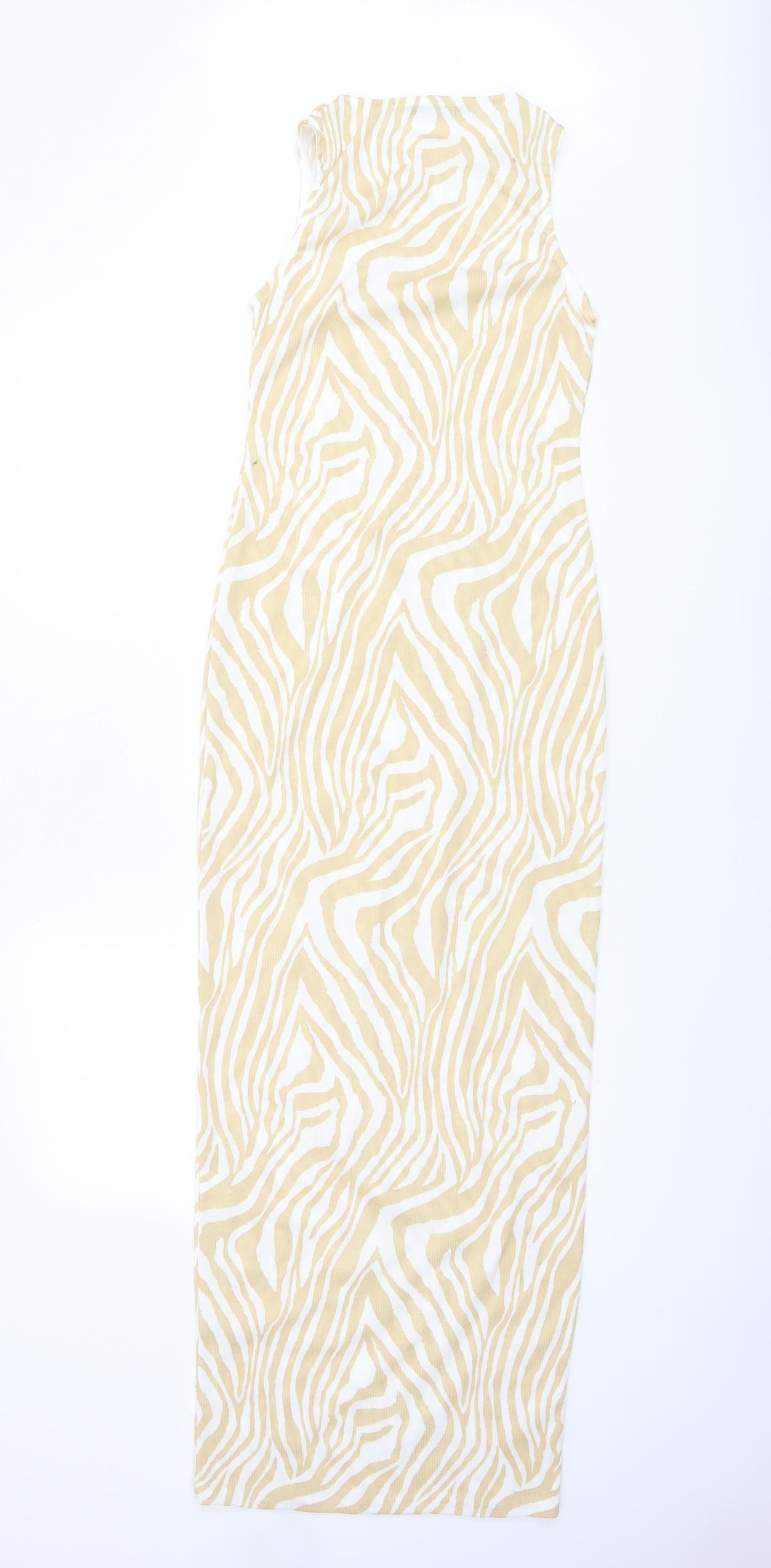 Boohoo Women Beige Zebra Print Sleeveless Bodycon Midi Dress Size 10