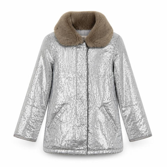 Front view of Teni Vici girls’ silver sequin faux fur collar winter puffer coat 6-7 years