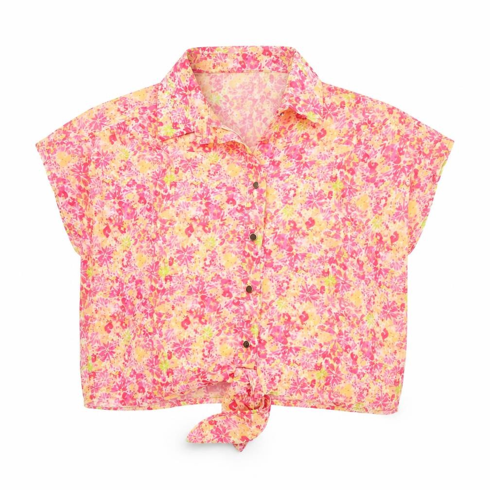 Blue Navy Women's Pink Floral Cropped Chiffon Blouse M