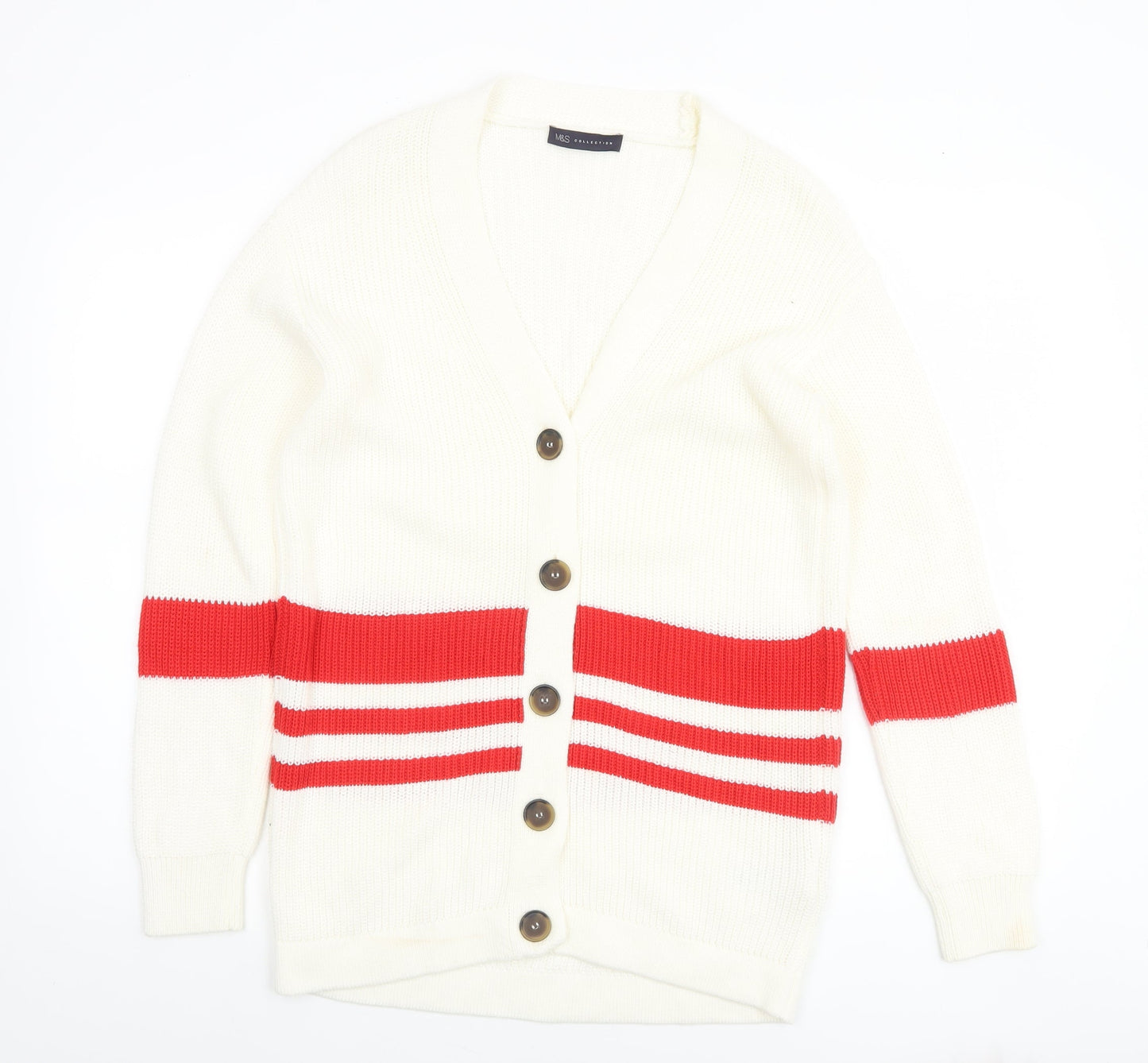 Marks and Spencer Women Ivory Red Striped V-Neck Cardigan Size S