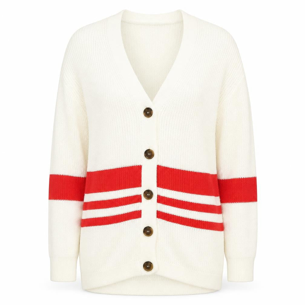 Marks & Spencer Women Ivory Red Striped V-Neck Cardigan Size S