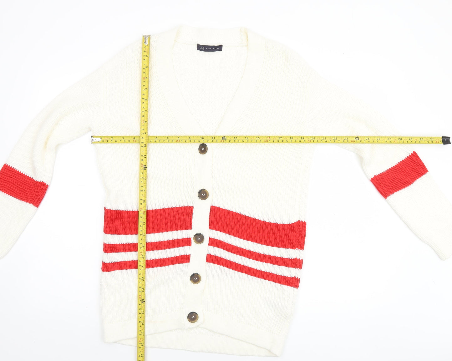 Marks and Spencer Women Ivory Red Striped V-Neck Cardigan Size S