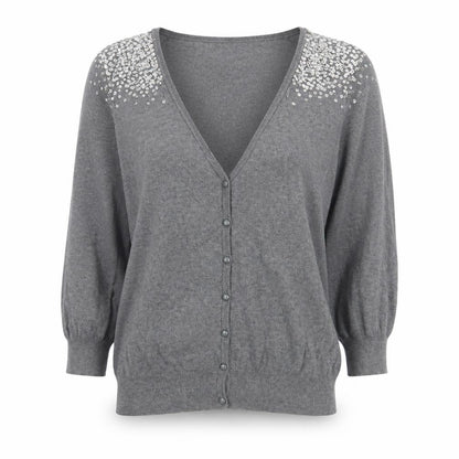 Front view of Evie women’s grey, size UK 14, sequin embellished cardigan
