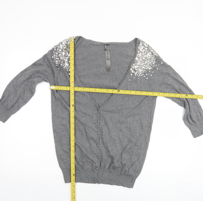 Back view of Evie women’s grey, size UK 14, sequin embellished cardigan