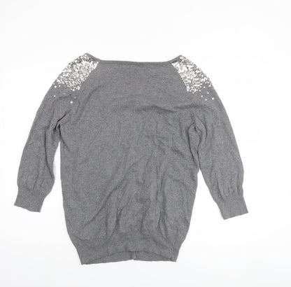 Close-up detail of Evie women’s grey, size UK 14, sequin embellished cardigan