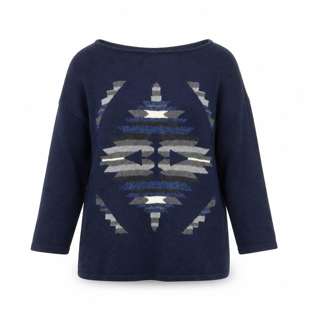 Chaps Women Blue Aztec Knit Cotton Pullover Jumper Size M