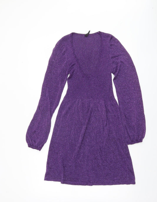 GRAB Denim Women Purple Knit Fit & Flare Party Dress L
