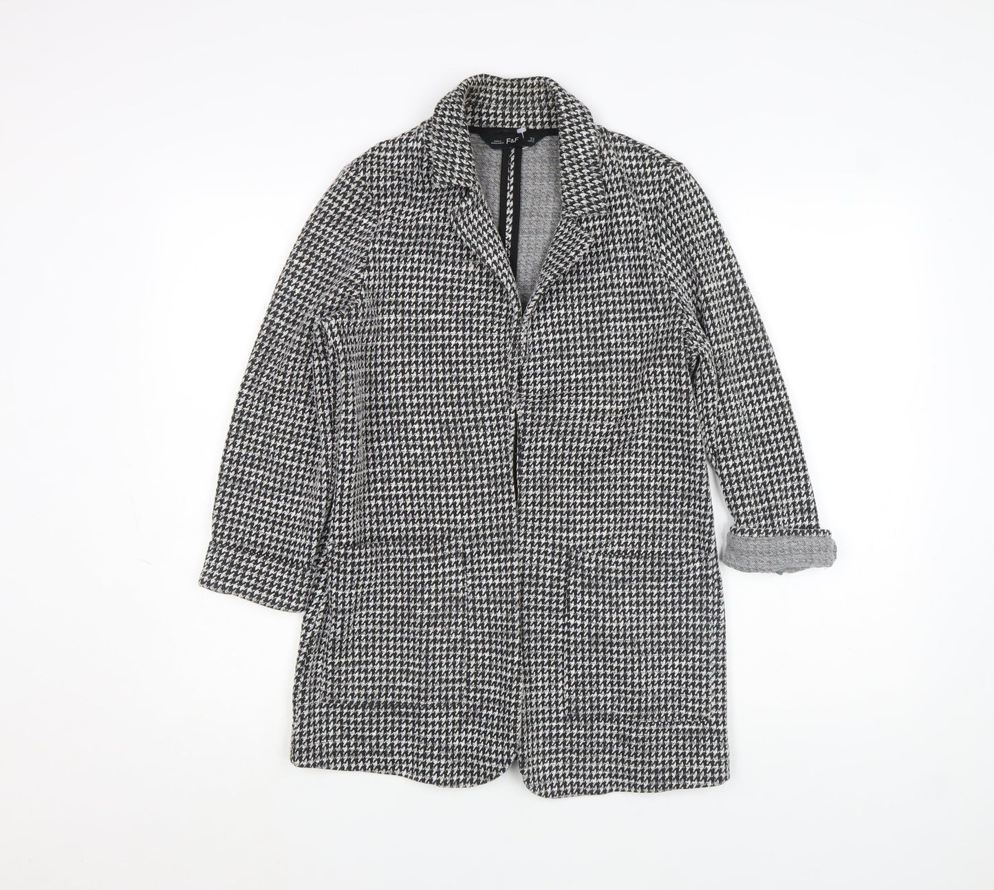 F&F Women Black & White Houndstooth Coatigan UK 6 Classic Long Lined