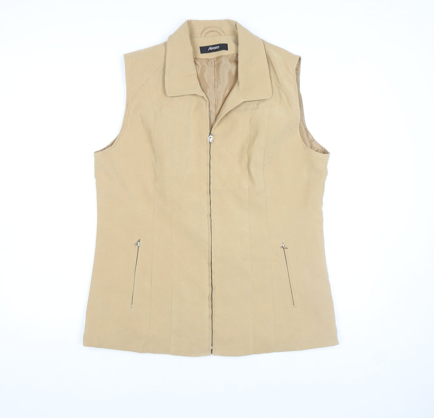 Alexara Women Beige Sleeveless Zip Waistcoat L Polyester Blend
