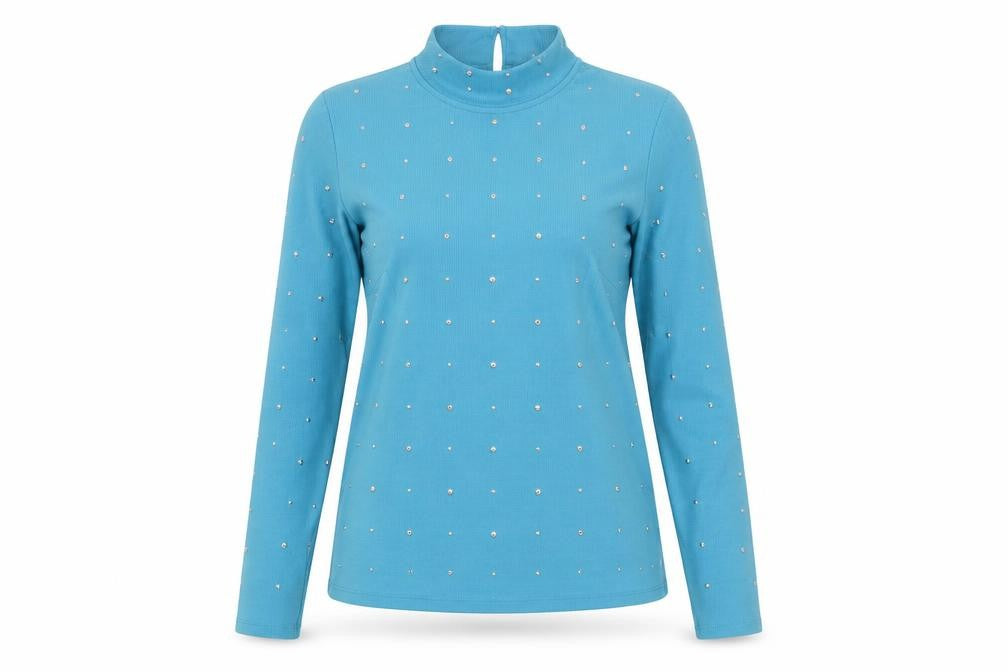 Savida Womens Blue Studded Mock Neck Long Sleeve Top Size L