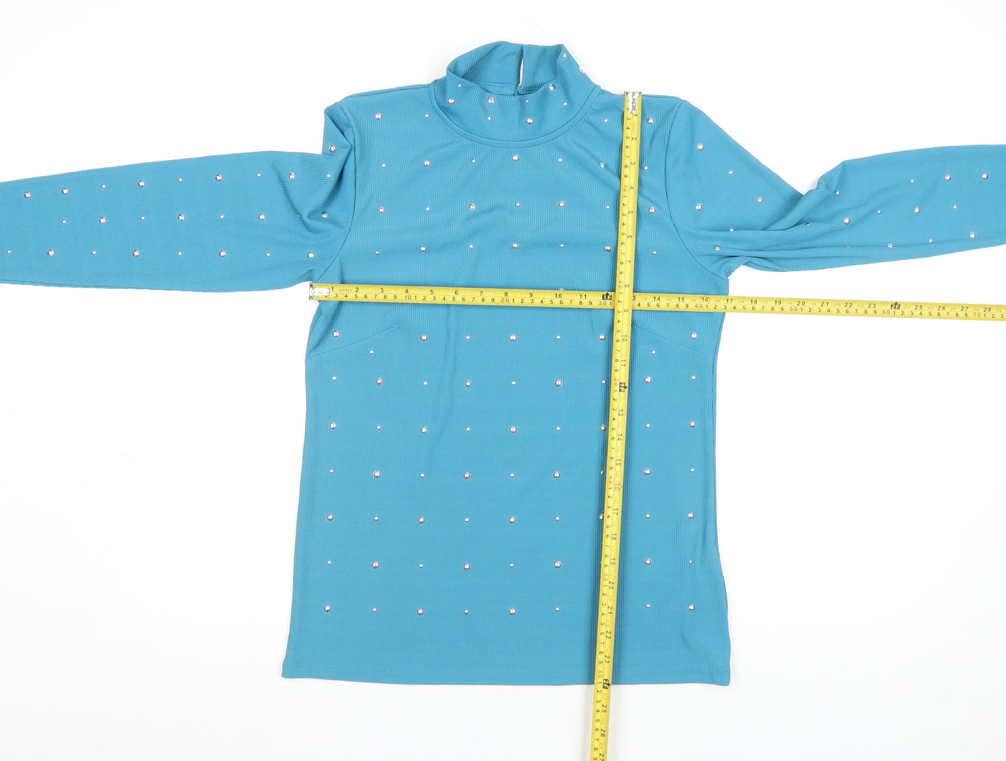 Savida Womens Blue Studded Mock Neck Long Sleeve Top Size L
