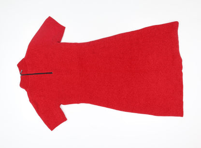 Close-up detail of Monari Women's Red Knit Shift Dress, size 6, Short Sleeve Zip
