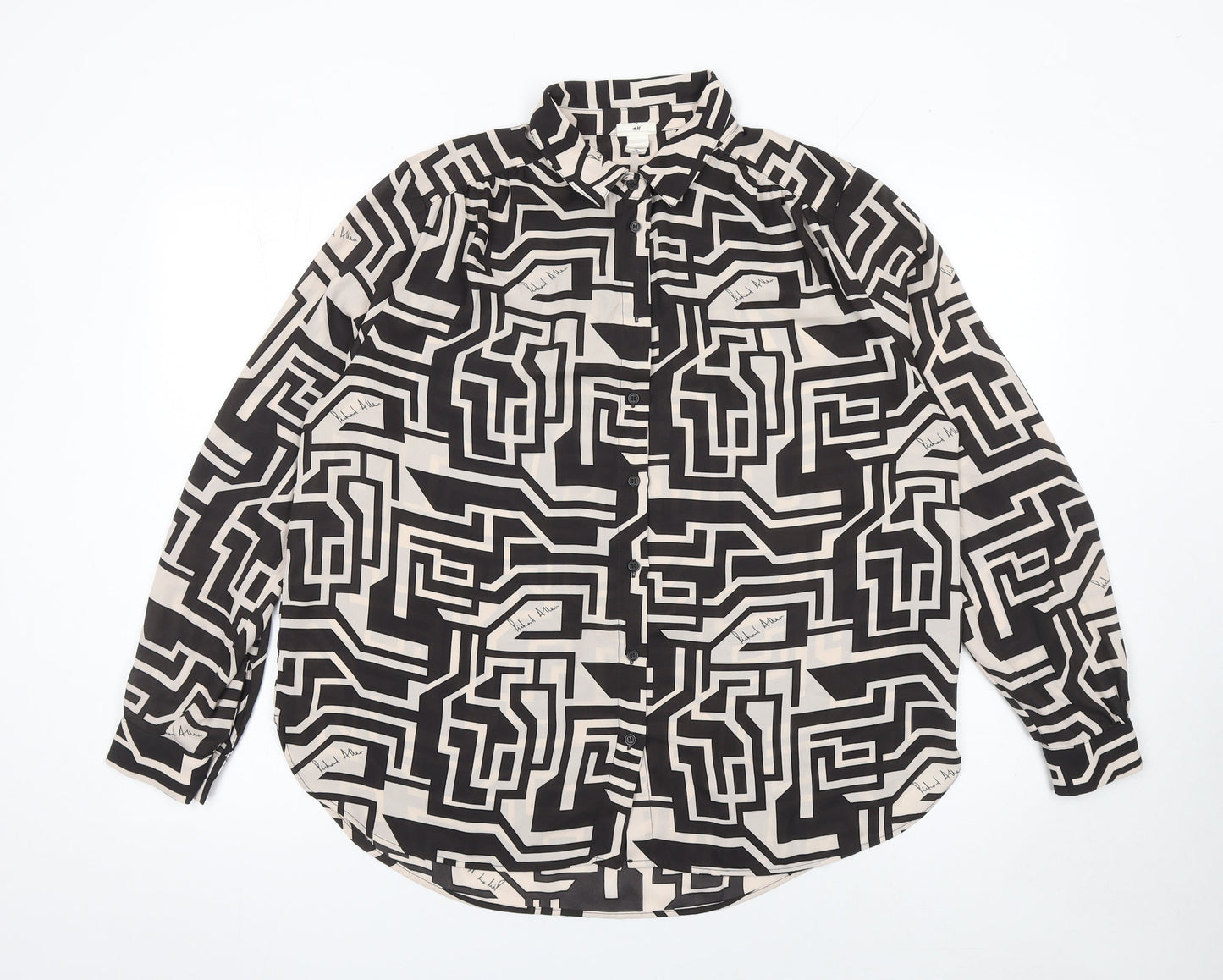 H&M Women’s Black Geometric Button-Up Shirt Size 14 Long Sleeve Polyester