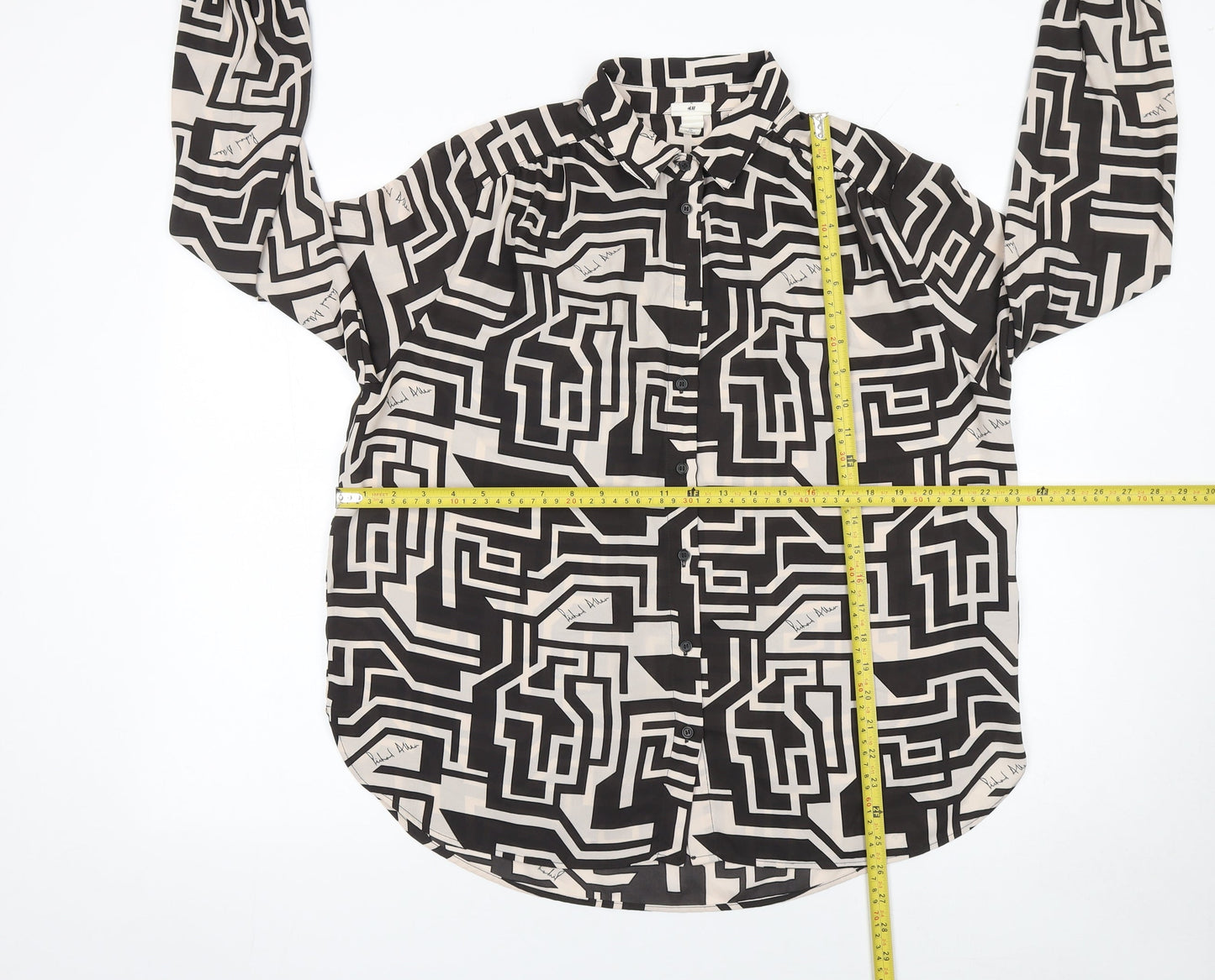 H&M Women’s Black Geometric Button-Up Shirt Size 14 Long Sleeve Polyester
