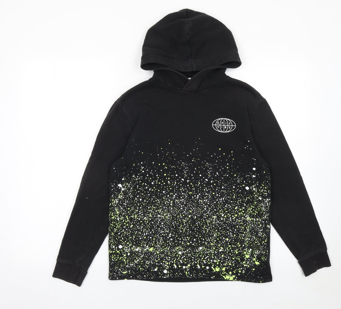 H&M Boys Black Hoodie 10-12 Years Cotton Blend Graphic Print Pullover