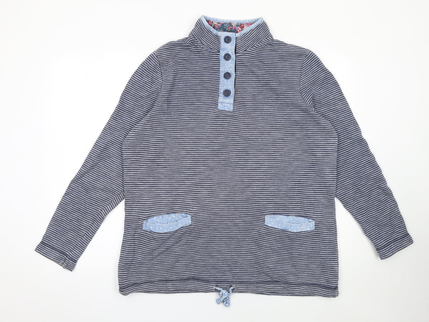 Marks and Spencer Women Blue Stripe Henley Sweatshirt Size L Cotton Blend