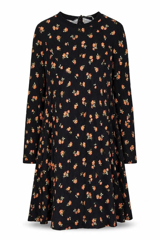 Front view of ASOS Women Black Floral A-Line Long Sleeve Dress, size 12