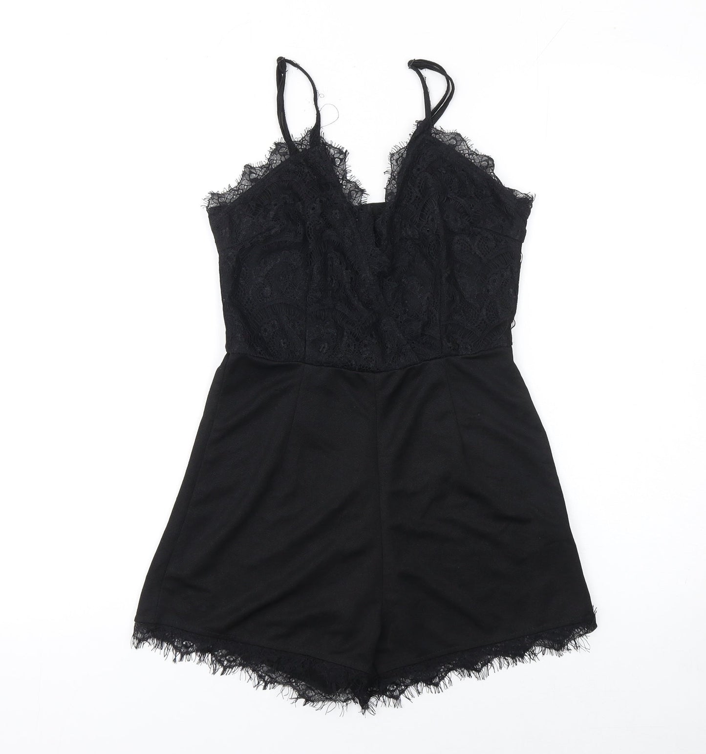 Exhibit Women’s Black Lace Trim Playsuit Size 10 Polyester V-Neck