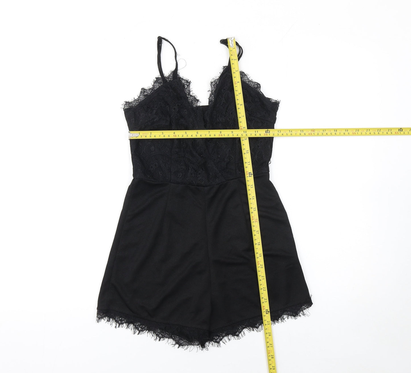 Exhibit Women’s Black Lace Trim Playsuit Size 10 Polyester V-Neck