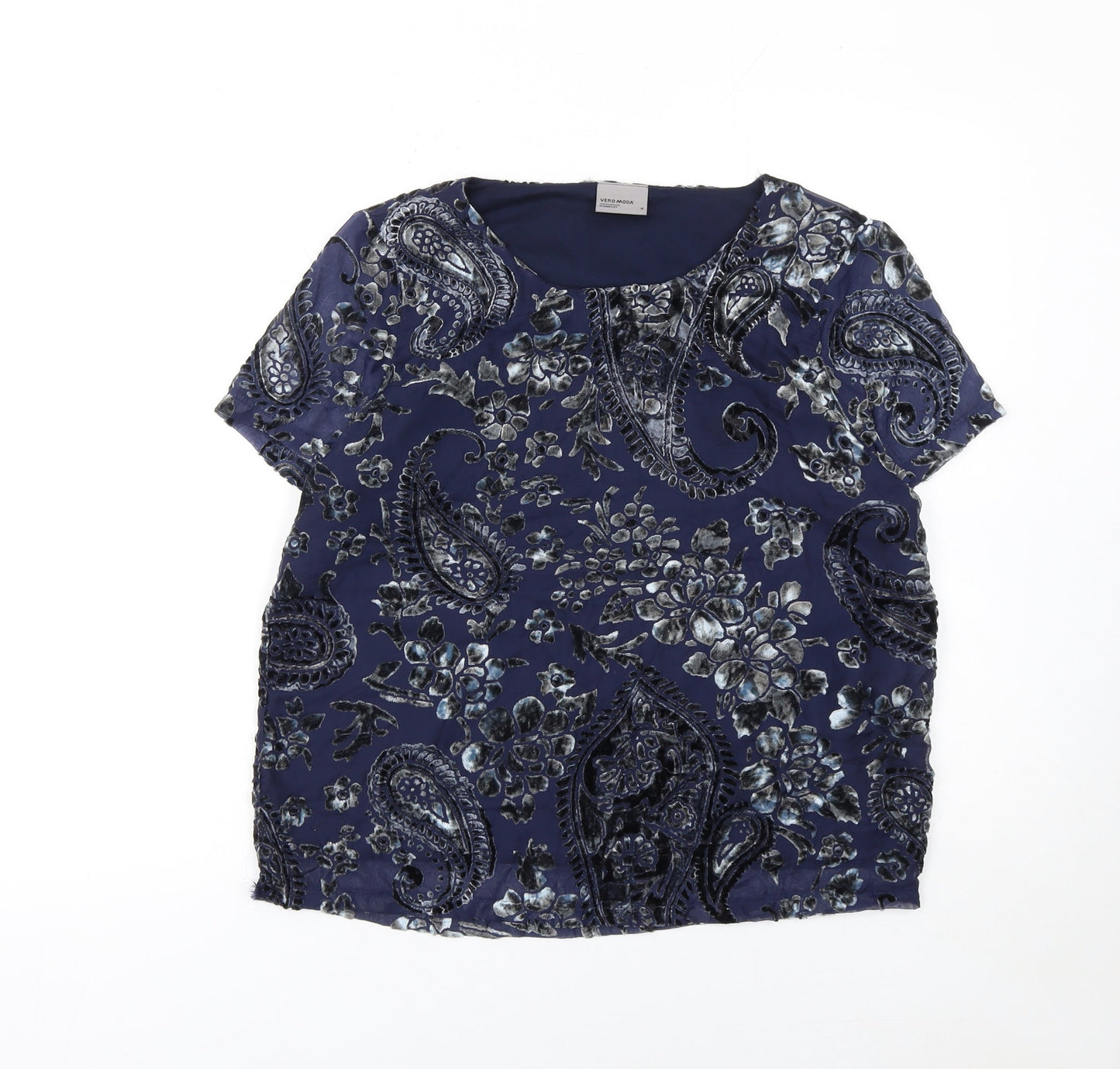 Vero Moda Women's Blue Floral Velvet Short Sleeve Tunic Blouse Size M