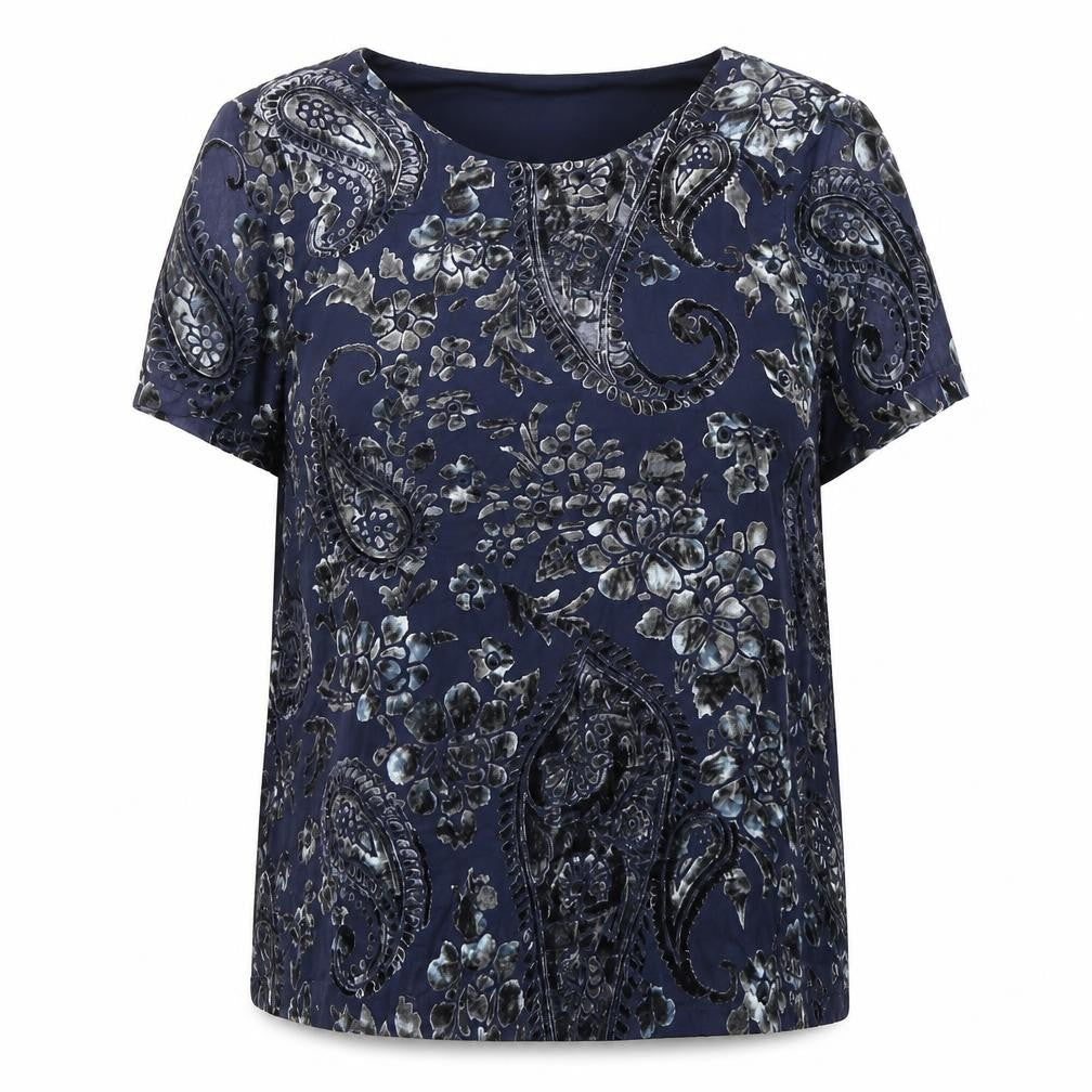 Vero Moda Women's Blue Floral Velvet Short Sleeve Tunic Blouse Size M