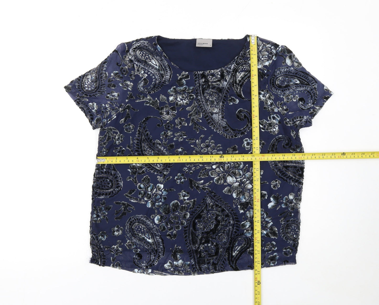 Vero Moda Women's Blue Floral Velvet Short Sleeve Tunic Blouse Size M