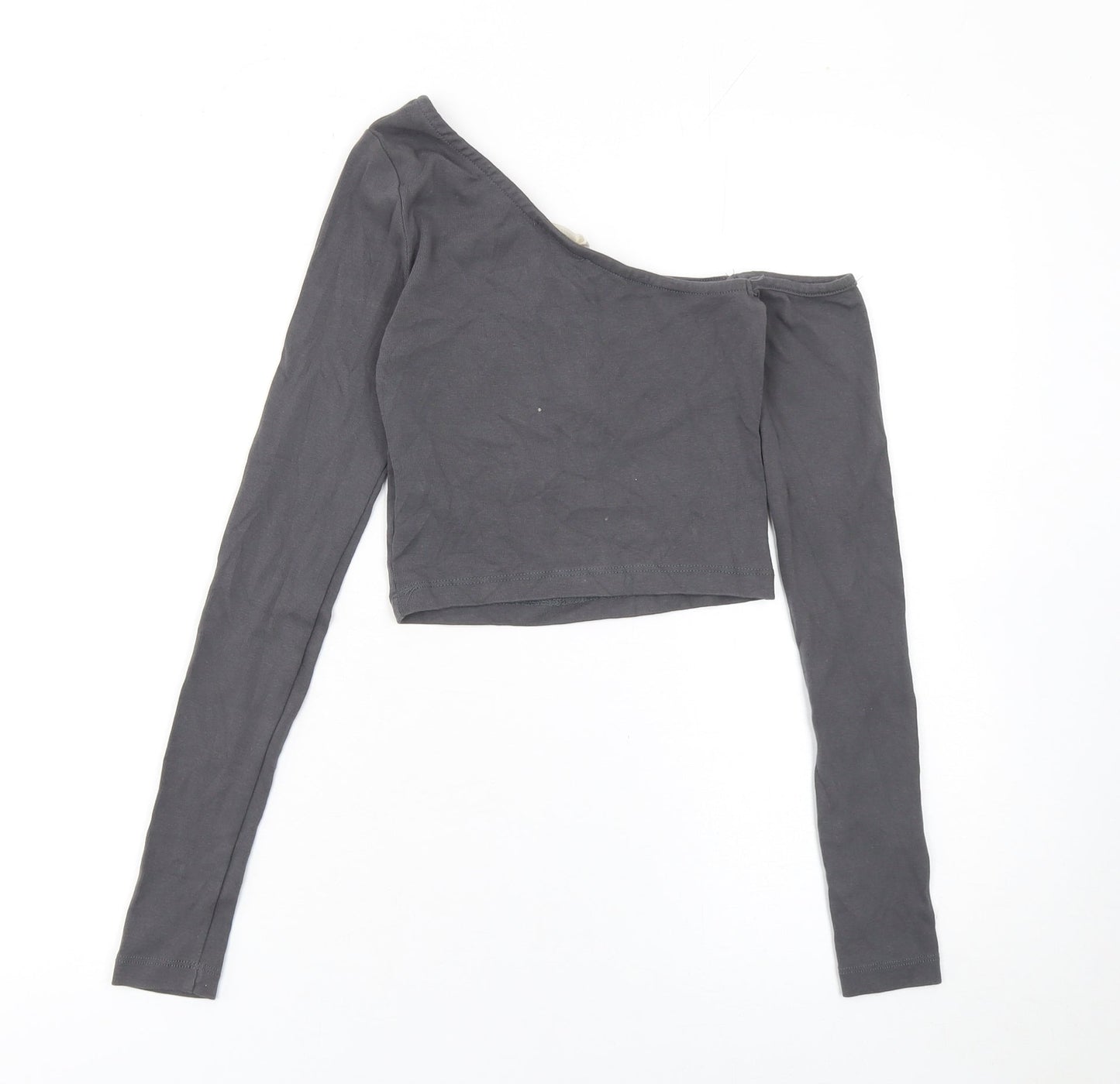 Stradivarius Women’s Grey One Shoulder Cropped Long Sleeve Top Size S
