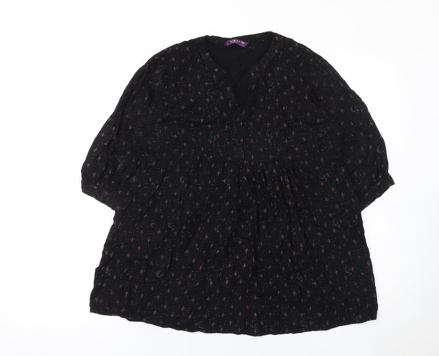 Libas Women’s Black Tunic Blouse 2XL Bohemian Floral 3/4 Sleeve Top
