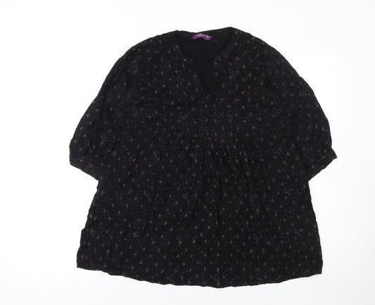 Libas Women’s Black Tunic Blouse 2XL Bohemian Floral 3/4 Sleeve Top