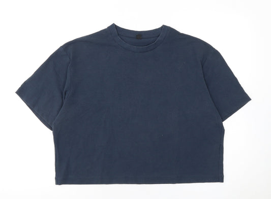 Uniqlo Women Blue Cropped Crew Neck Cotton Blend T-Shirt M