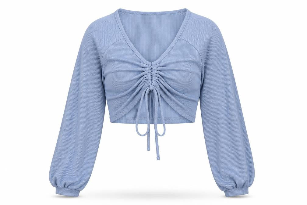 SHEIN Women Blue Cropped V-Neck Ruched Long Sleeve Blouse Top Size S