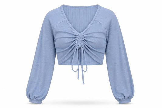 SHEIN Women Blue Cropped V-Neck Ruched Long Sleeve Blouse Top Size S