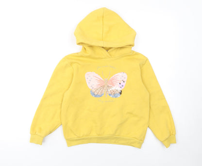 Front view of H&M girls’ yellow sequin butterfly pullover hoodie -, size 6-8, years